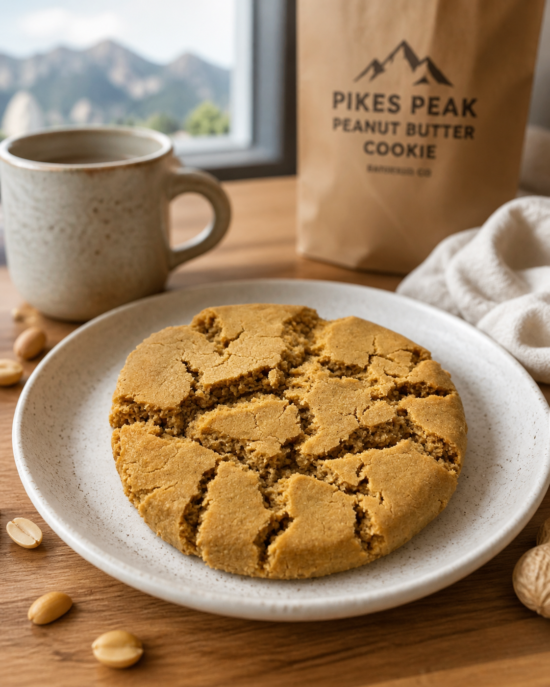 Peanut butter cookie on a plate with a mug and 'Pikes Peak Peanut Butter Cookie' packaging in the background.