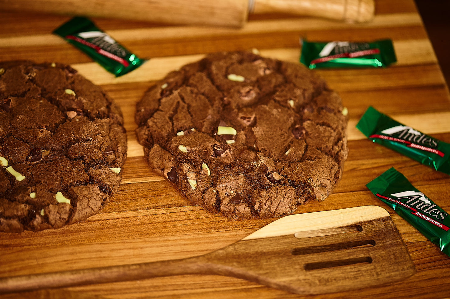 Manitou Mint Double Chocolate Chip Cookie. A double chocolate chip cookie with andes mint pieces