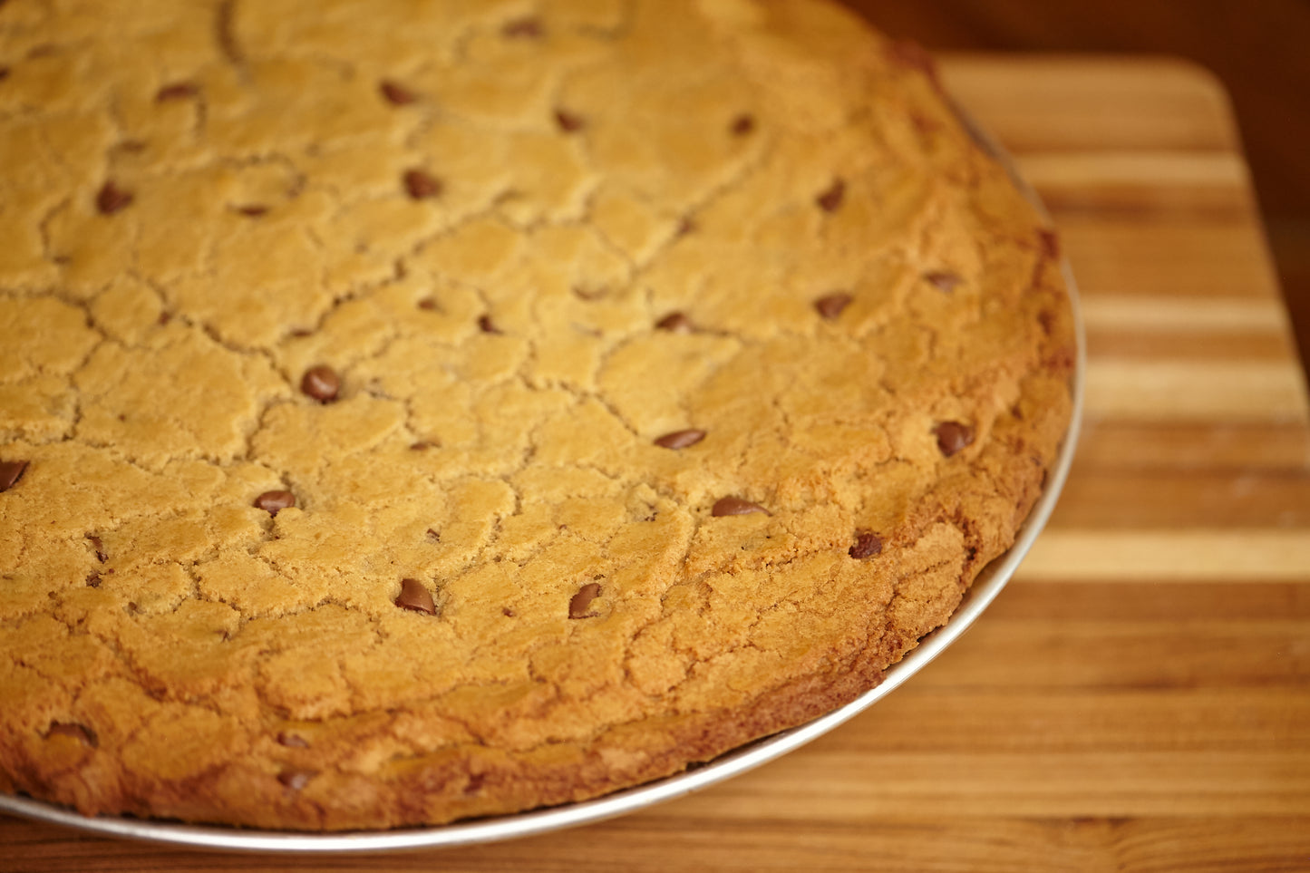 A large, 14-inch chocolate chip cookie on a metal pan, freshly baked with golden-brown edges and chocolate chips evenly distributed throughout the surface.