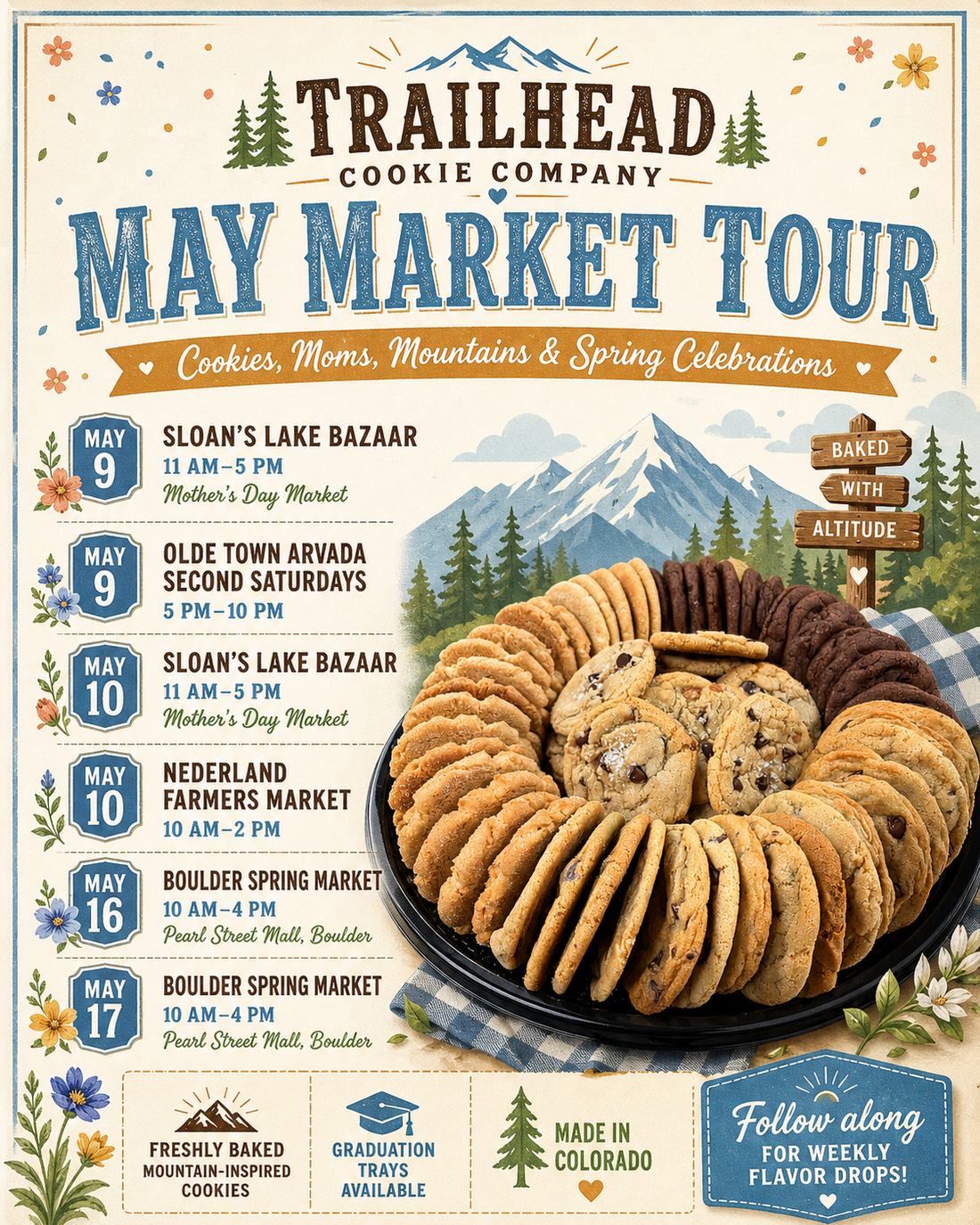 Trailhead Cookie Company’s May Market Tour: Cookies, Moms, Mountains & Spring Celebrations