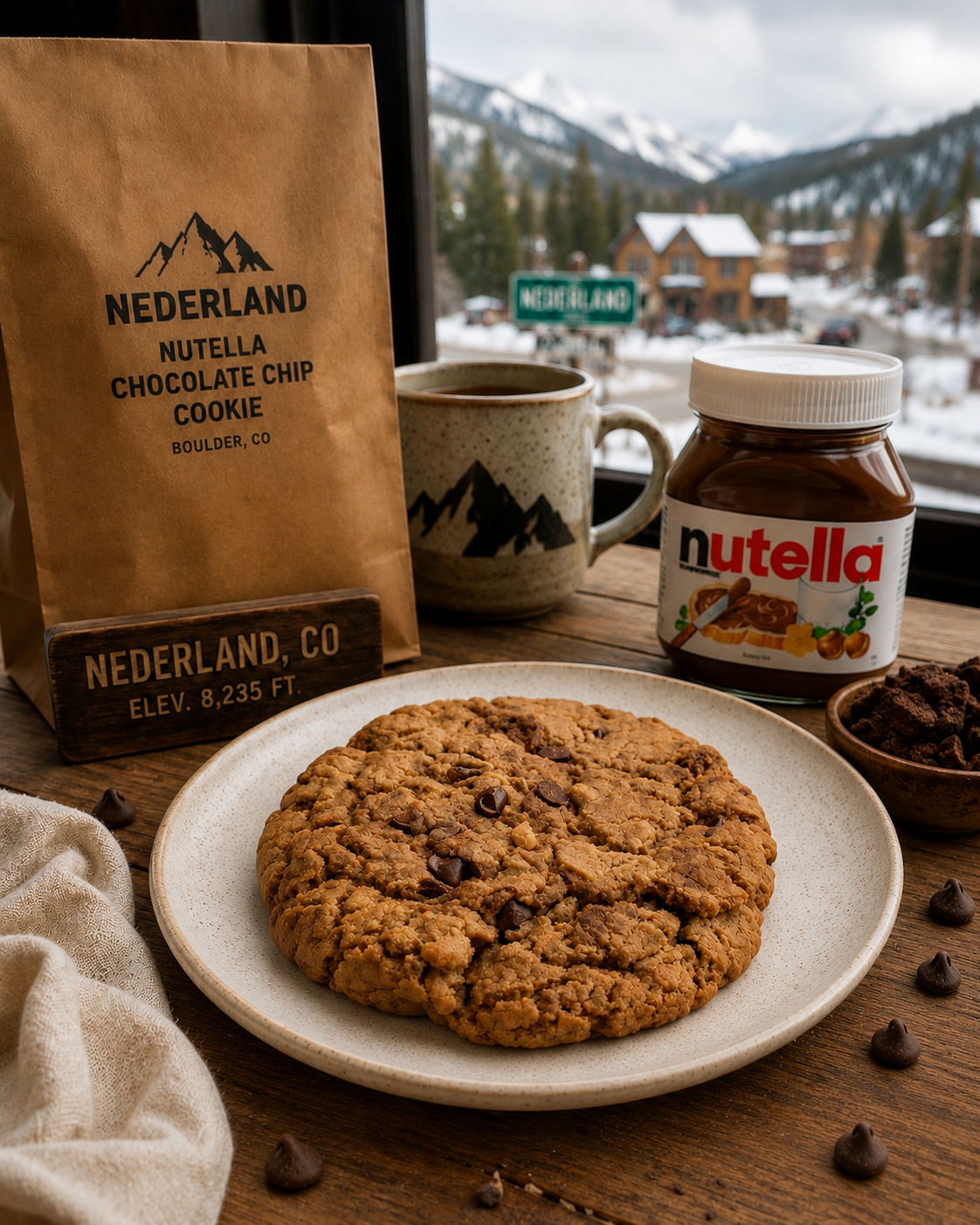 Chocolate Chip Cookie on a plate with Nutella and coffee.