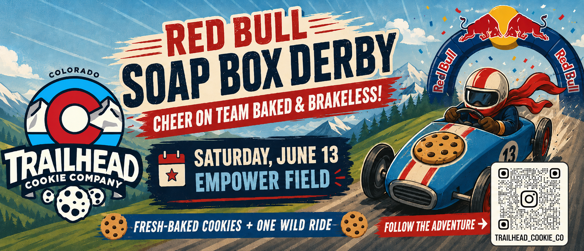 Promotional poster for Red Bull Soap Box Derby event with cookie company branding