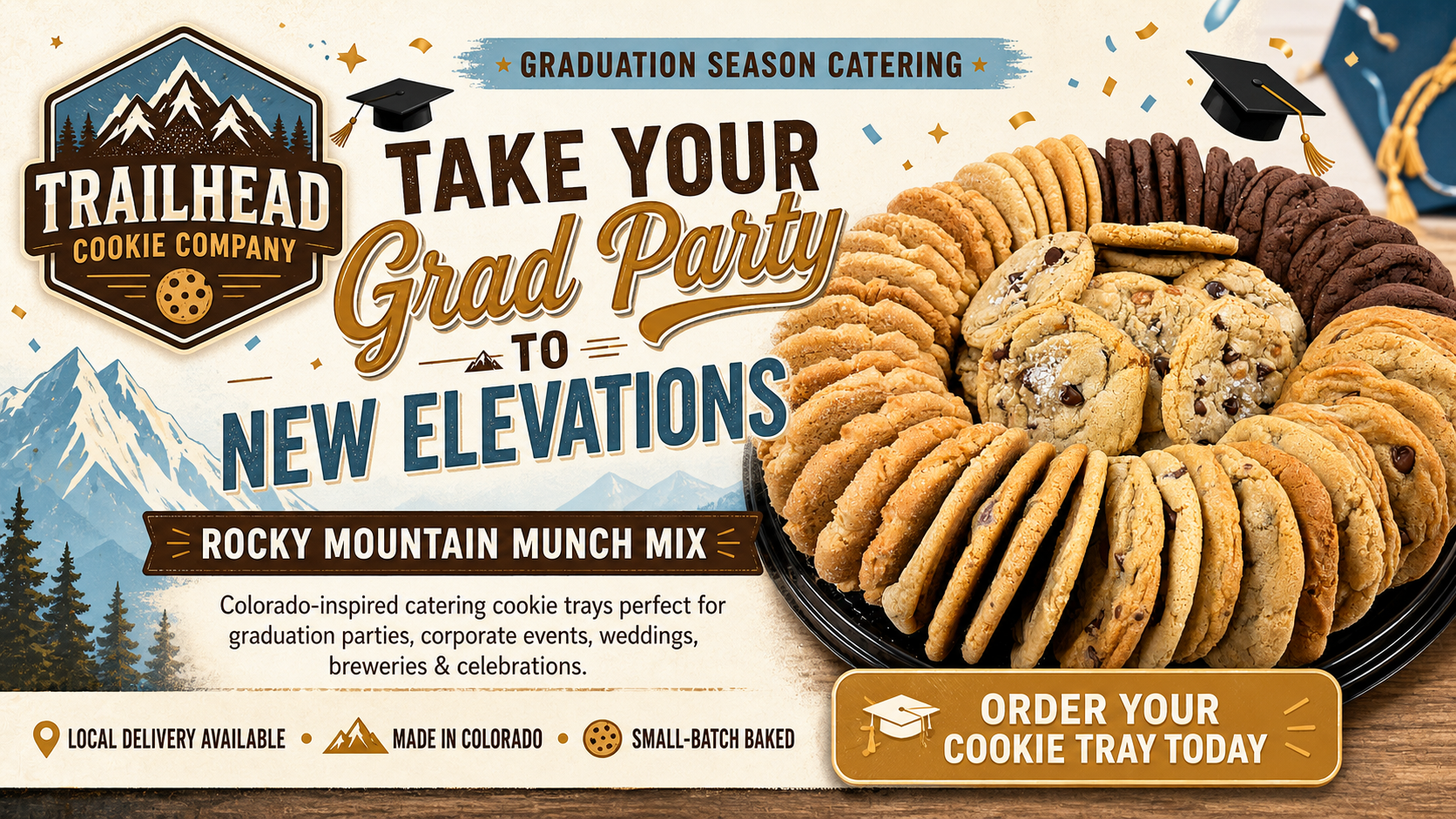 Trailhead Cookie Company advertisement for graduation-themed cookie trays with mountain and graduation cap graphics.