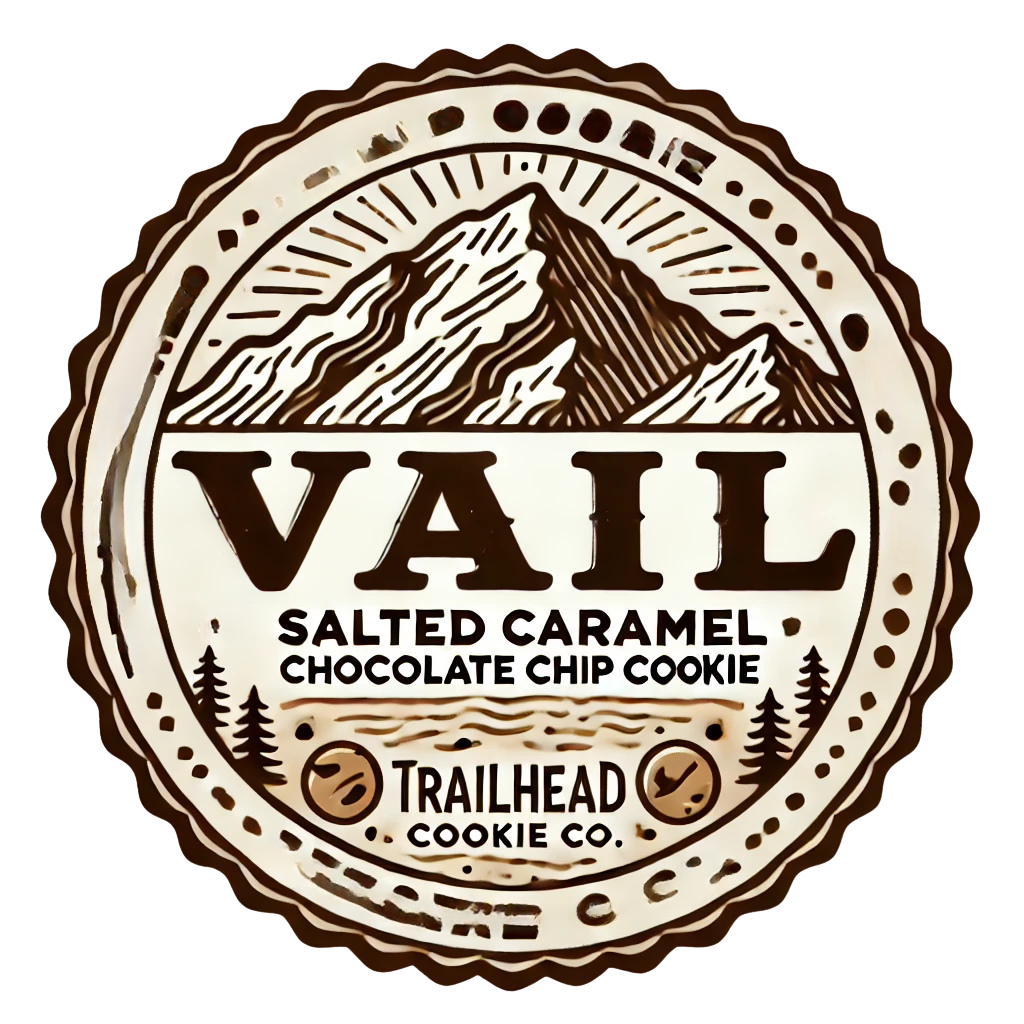 Logo of Trailhead Cookie Co. featuring mountains and text about a salted caramel chocolate chip cookie.