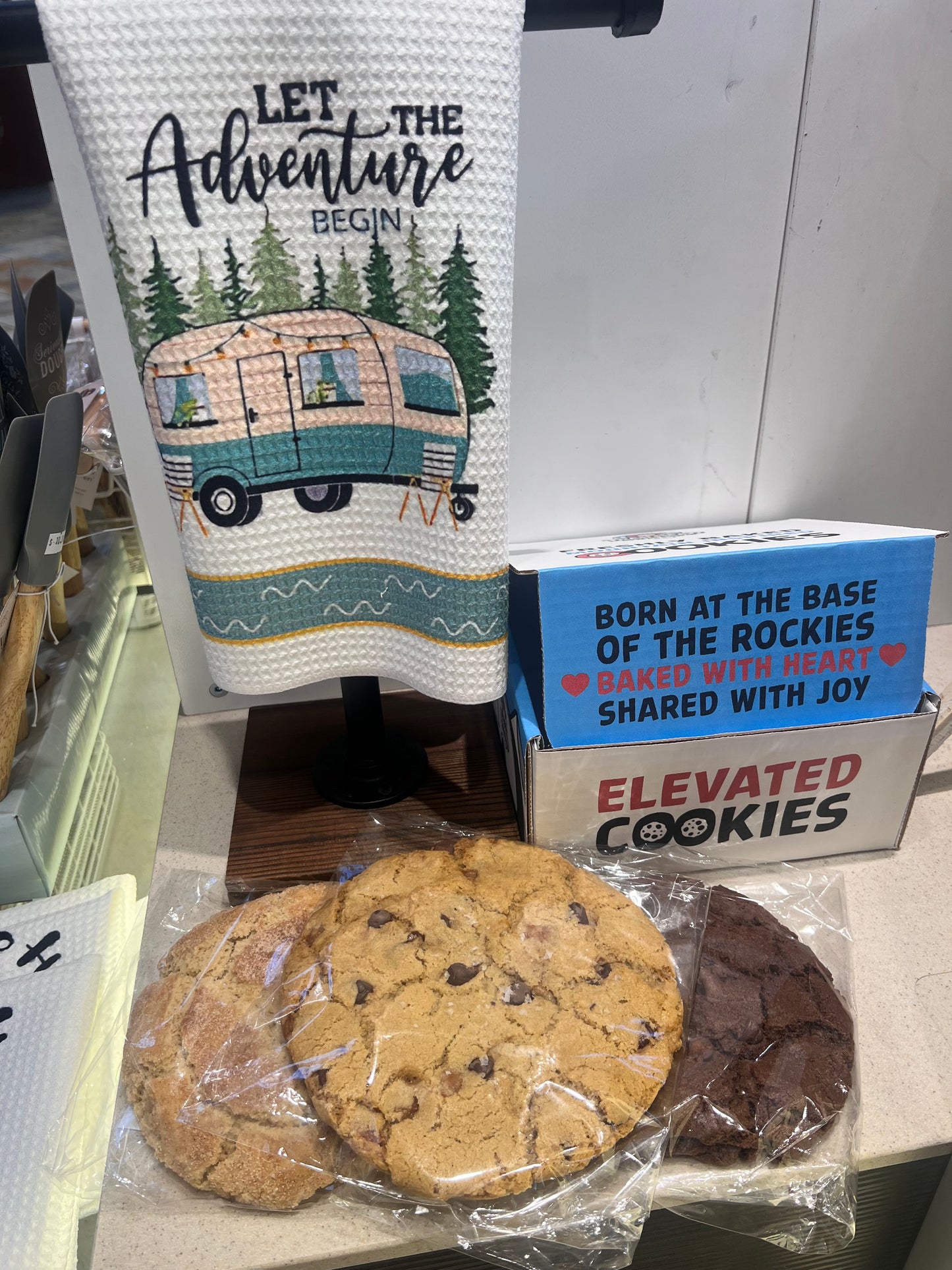 Cookies with a cookie box and towel 
