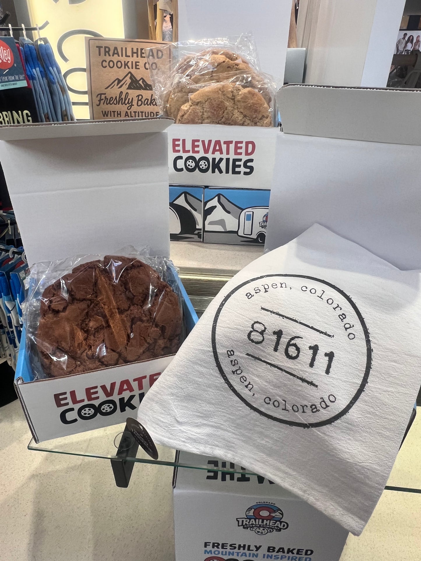 Packaged cookies with 'Elevated Cookies Co.' branding on a white surface.